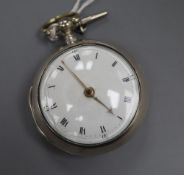 A George III silver pair cased keywind verge pocket watch by Isaac Lyons, Ramsgate, with Roman dial,