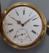 A continental engine turned 585 yellow metal hunter keyless pocket watch, with Roman dial and