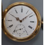 A continental engine turned 585 yellow metal hunter keyless pocket watch, with Roman dial and