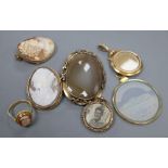 Two 9ct mounted cameo shell pendant brooches, two yellow metal mounted pendants including 9ct and