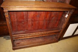 A late Victorian oak open bookcase, W.137cm, D.31cm, H.116cm