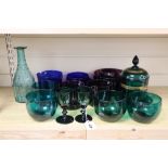 A collection of Bristol blue, green and amethyst rinsers, glasses etc.
