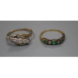 A 19ct century yellow metal emerald and rose cut diamond set half hoop ring, size L/M, gross 1.7