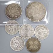 A plugged 1675 silver crown, 1821 florin and five Victorian florins