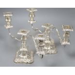 A pair of mid 20th century silver dwarf three light, two branch candelabra, Viners Ltd, Sheffield,