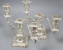 A pair of mid 20th century silver dwarf three light, two branch candelabra, Viners Ltd, Sheffield,