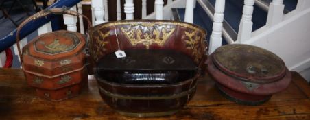 A Chinese bamboo basket, a lacquered wood container and a baby bath