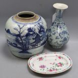 A Chinese blue and white ginger jar, height 21cm, a Chinese vase and an oval dish