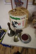 Miscellaneous items, including a Japanese Sake advertising barrel, a set of five golf clubs by