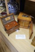 A Regency rosewood tea caddy, width 20cm and a Victorian pine slide cabinet (empty)