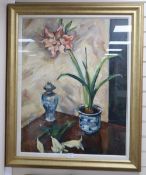 Laura Harrison, oil on canvas, Pink Amaryllis, signed, 90 x 70cm