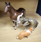 A Beswick porcelain racehorse The Winner, a Beswick collie and a Royal Dux elephant, largest 24 x