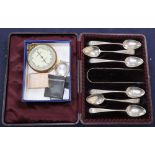 A cased set of silver Georgian spoons, a WWII altimeter, a Dupont lighter, two slides and a watch