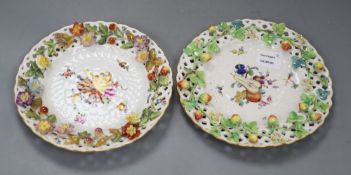 Two Continental floral encrusted reticulated platesCONDITION: Fruit dish - four rim cracks/firing