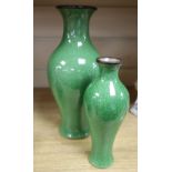 Two Chinese green crackle glazed baluster vases, tallest 28cm
