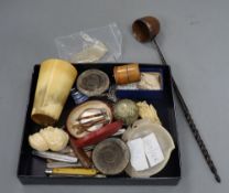 A quantity of assorted collectables including a 19th century toddy ladle, a carved ivory cane handle