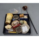 A quantity of assorted collectables including a 19th century toddy ladle, a carved ivory cane handle