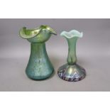 Two Loetz-style iridescent glass vases, tallest 20cm