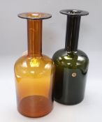 Otto Brauer, Holmegaard, Denmark, a large amber glass Gul Vase and a similar dark green vase (