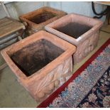 Three terracotta square garden planters, width approx. 44cm, depth approx 44cm, height approx. 31cm