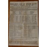 DORLING'S LIST OF EPSOM RACES for 30th May 1877. Race card with adverts on the back.