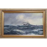 Henry Scott, oil on canvas board, Battleship at sea, signed, 19.5 x 35cm