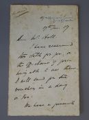 Gilbert, William Schwenck, Sir. An autograph letter, dated 17th Jan. 1887, 2pp, 12mo, to an artist