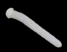 A Chinese inscribed white jade hairpin, 18th century, finely carved in relief with a chi dragon amid