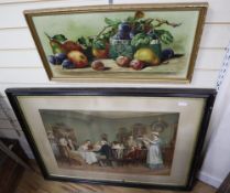 A Victorian chromolithograph, 'Christmas comes but once a year', 52 x 74cm and an oil still life