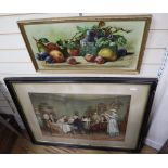A Victorian chromolithograph, 'Christmas comes but once a year', 52 x 74cm and an oil still life