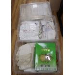 Two boxes of table lace and linen, together with a collection of polo shirts