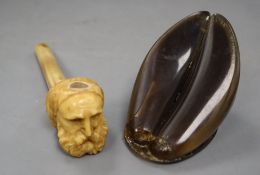 A Victorian ivory and horn pipe and a 19th century 'Mucruss Abbey' horn snuff box press moulded 'M O