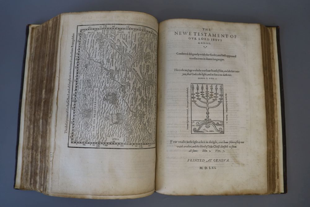Bible in English - Geneva Bible, folio, 17th century calf binding, lacking title page to old