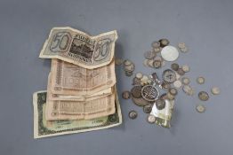 A quantity of 19th century and later silver coins, paper bank notes and sundries