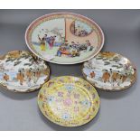 Two Chinese famille rose dishes and two Kutani plates, largest diameter 33cm