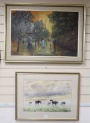 A Paris souvenir oil on canvas of a street scene, 50 x 75cm and John Mortimer, watercolour, Horses