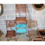 A folding garden table and three wooden chairs, table width 60cm, depth 60cm, height 71cm