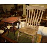 A beech and elm lathe-back elbow chair and an Asian lacquered two-tier occasional table, 50cm