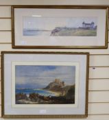 Robert Brindley, watercolour, "West Cliff, Whitby", 14 x 59cm, and Sarah Johnson (19th C.),