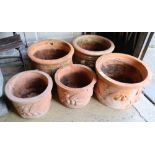 Five terracotta circular campana garden planters, largest width 46cm, height 31cm