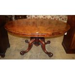 A Victorian figured walnut oval breakfast table, 144 x 107cm