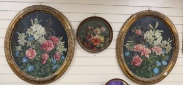Continental School c.1938, pair oils on panel, Still lifes of garden flowers, indistinctly signed