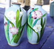 A pair of Japanese silver wire cloisonne enamel small vases, c.1900-10, each with impressed maker'