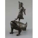 A late Ming bronze joss stick holder of Lui Hai standing on the back of a three legged toad, width