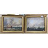 19th century English School, pair of oils on panels, Shipping off the coast, 29 x 39cm
