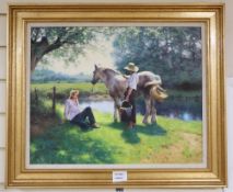 Tony Sheath, oil on canvas, Figures and horse on a riverbank, signed, 40 x 50cm