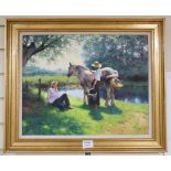 Tony Sheath, oil on canvas, Figures and horse on a riverbank, signed, 40 x 50cm