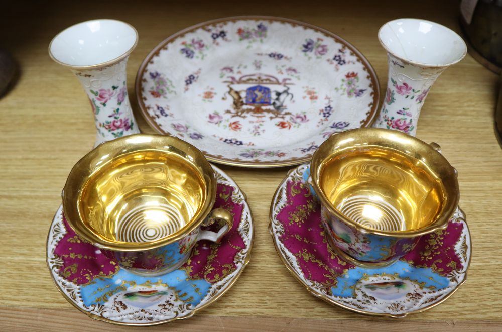 A Samson of Paris porcelain dish, a pair of vases and a pair of Paris porcelain cup and saucers