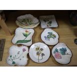 Seven various pearlware botanical dessert dishes and a similar plate, early 19th century, widest