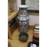 A Chinese famille rose hexagonal vase, height 60cm and a bronze bowl